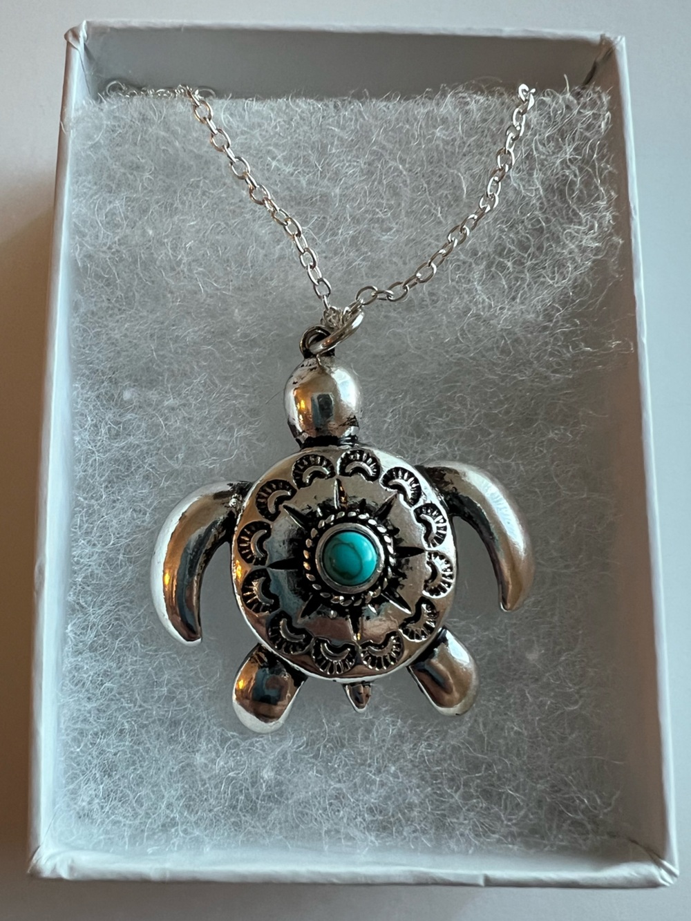 Silver Turtle Pendant Necklace with Turquoise Accent Boho Coastal